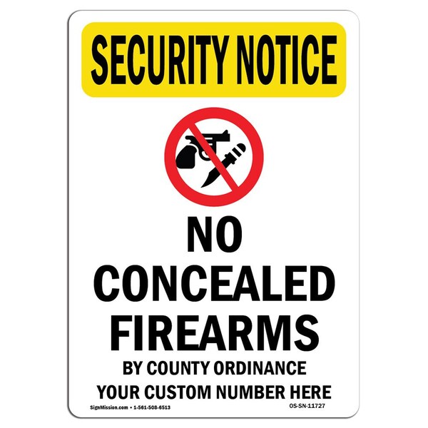 Safety Sign, OSHA SECURITY NOTICE, 5" Height, No Concealed Weapons, Portrait, 10PK